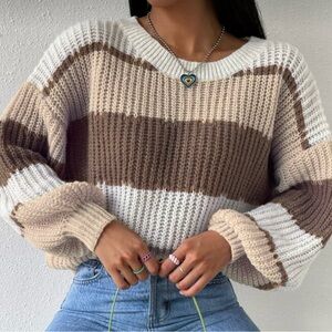 SHEIN Cream and Brown Striped Knit Sweater